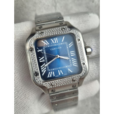 까르띠에 산토스 블루 다이얼 다이아 세팅 시계