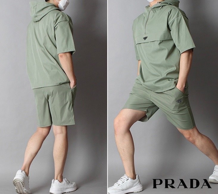 프라다 삼각 로고 리나일론 반팔 아노락 반바지 세트
