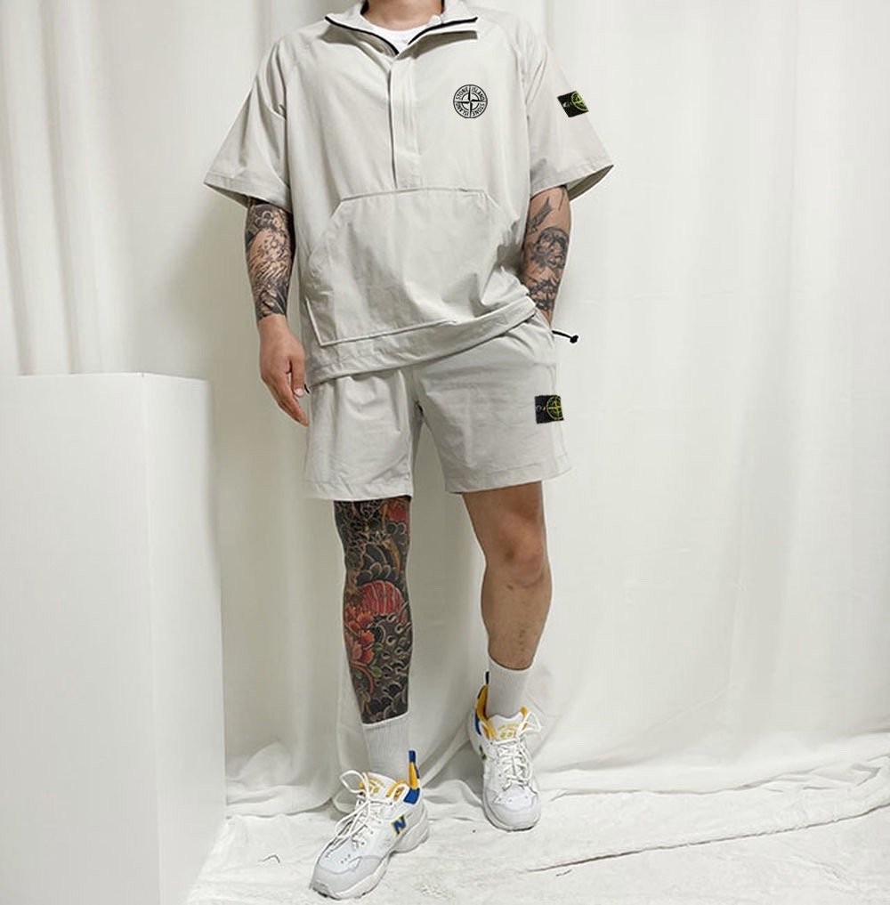 스톤아일랜드 버팅 로고 윈드 반팔 아노락 반바지 세트
