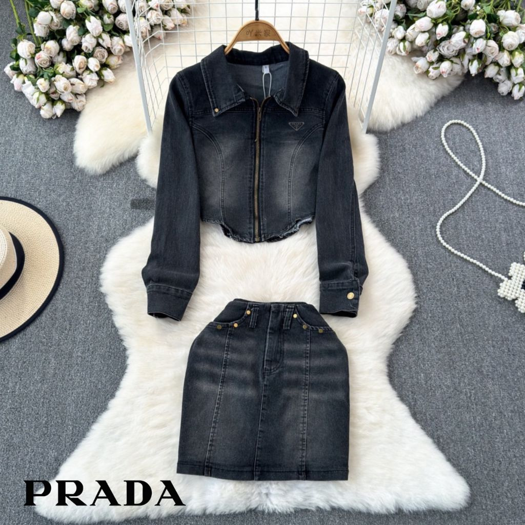 프라다 여성 플레이트 워싱 청자켓 스커트 세트