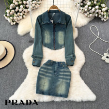 프라다 여성 플레이트 워싱 청자켓 스커트 세트
