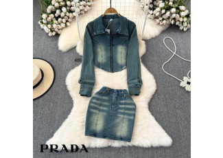 프라다 여성 플레이트 워싱 청자켓 스커트 세트