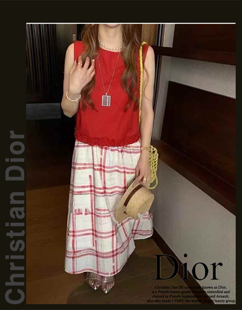 디올 여성 6061 린넨 민소매 체크 스커트 세트