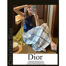 디올 여성 6061 린넨 민소매 체크 스커트 세트