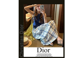 디올 여성 6061 린넨 민소매 체크 스커트 세트