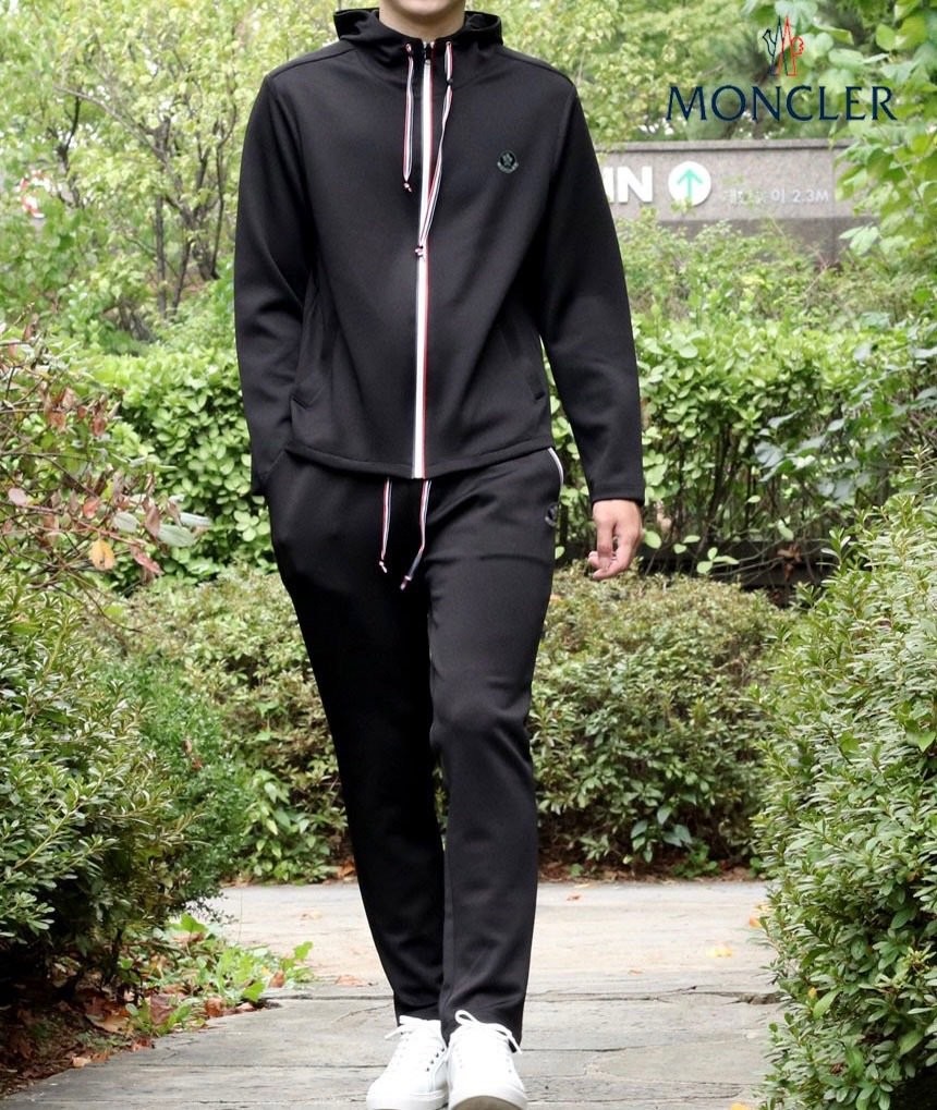 몽클레어 블랙 & 화이트 와펜 삼선 후드 트레이닝 팬츠 세트