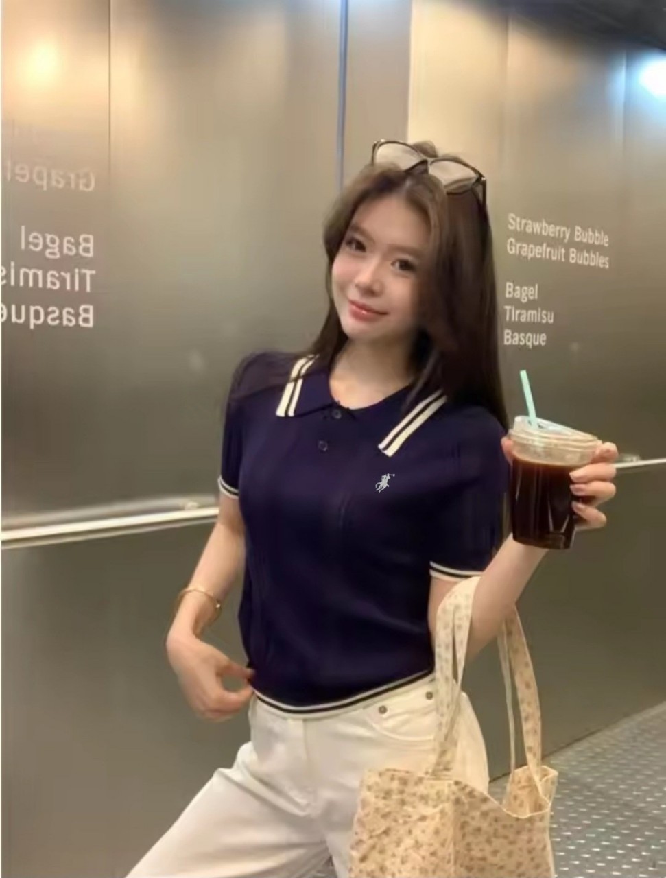 폴로 여성 데일리 꽈배기 배색 카라 반팔 니트