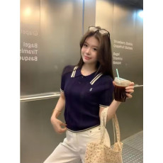폴로 여성 데일리 꽈배기 배색 카라 반팔 니트