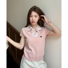 미우미우 여성 프릴 레이스 오픈 카라 반팔 니트