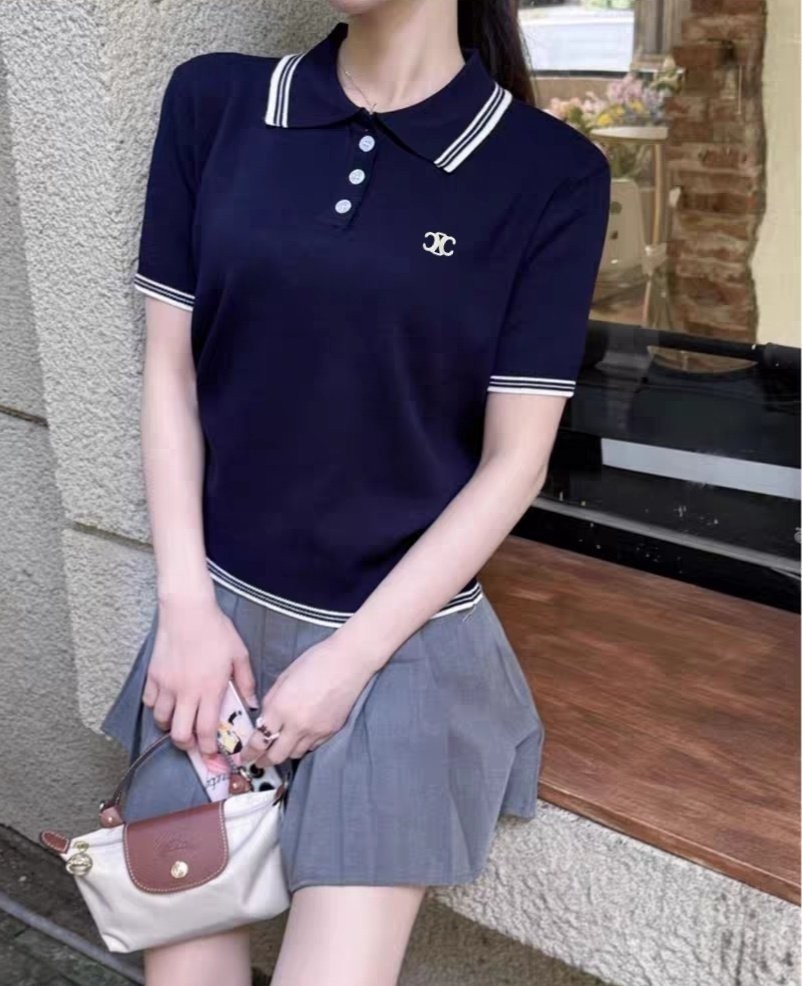 셀린느 여성 라인 울 카라 반팔 니트