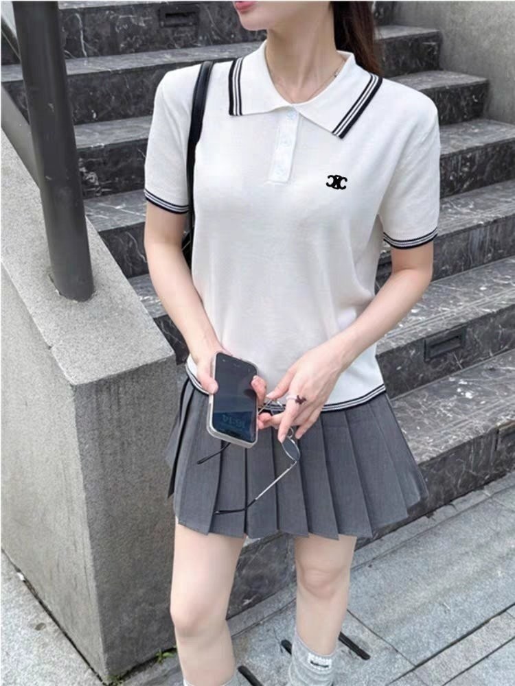 셀린느 여성 라인 울 카라 반팔 니트