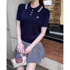 셀린느 여성 라인 울 카라 반팔 니트