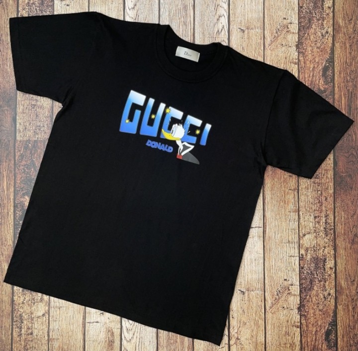 구찌 X 디올 콜라보 구피 Blue Donald Duck 레터링 세미오버핏 라운드 반팔티