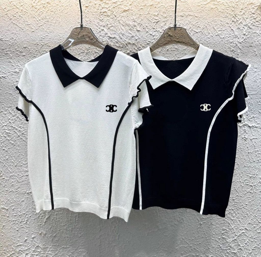 셀린느 여성 트리옹프 셔링 라인 카라 반팔 니트