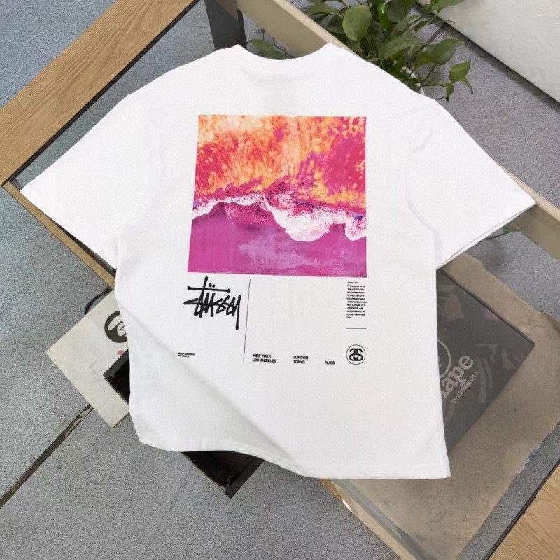 스투시 핑크 비치 파도 반팔티