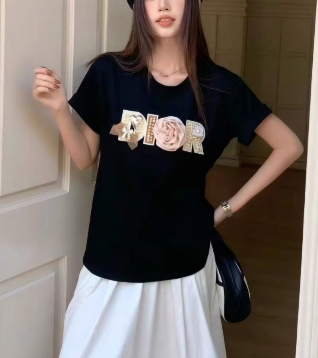 디올 여성 로즈 플라워 로고 반팔티