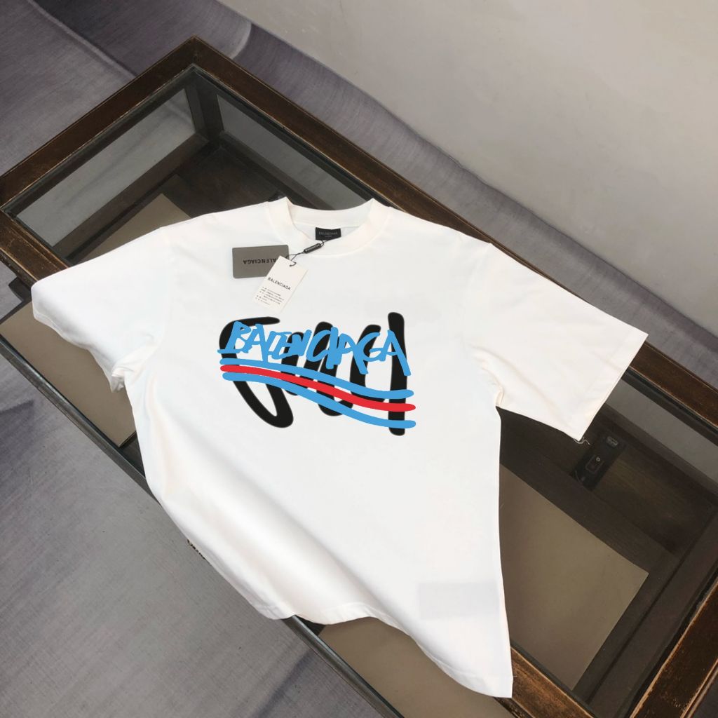 구찌 X 발렌시아가 콜라보 빅페인팅 웨이브로고 스웨트 반팔티