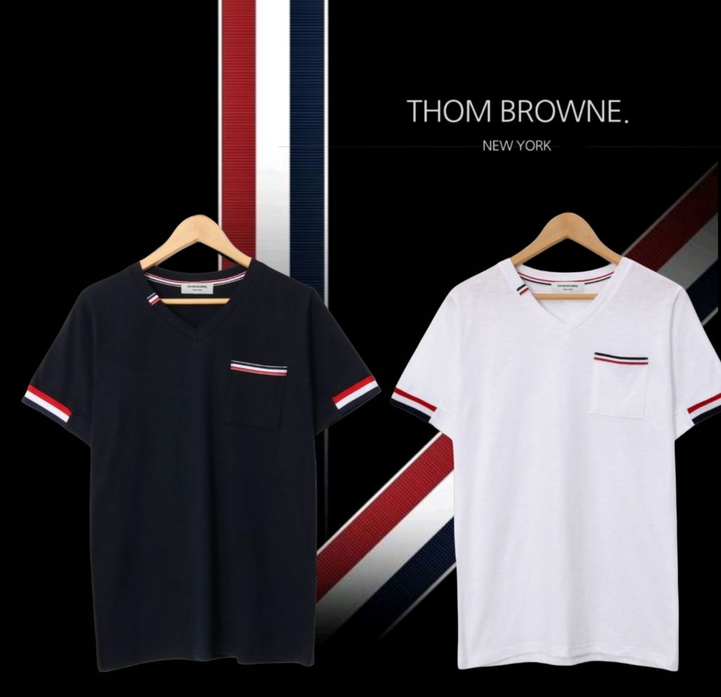 톰브라운 포켓 삼선 브이넥 반팔티