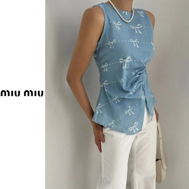 미우미우 여성 리본 탑 민소매 나시