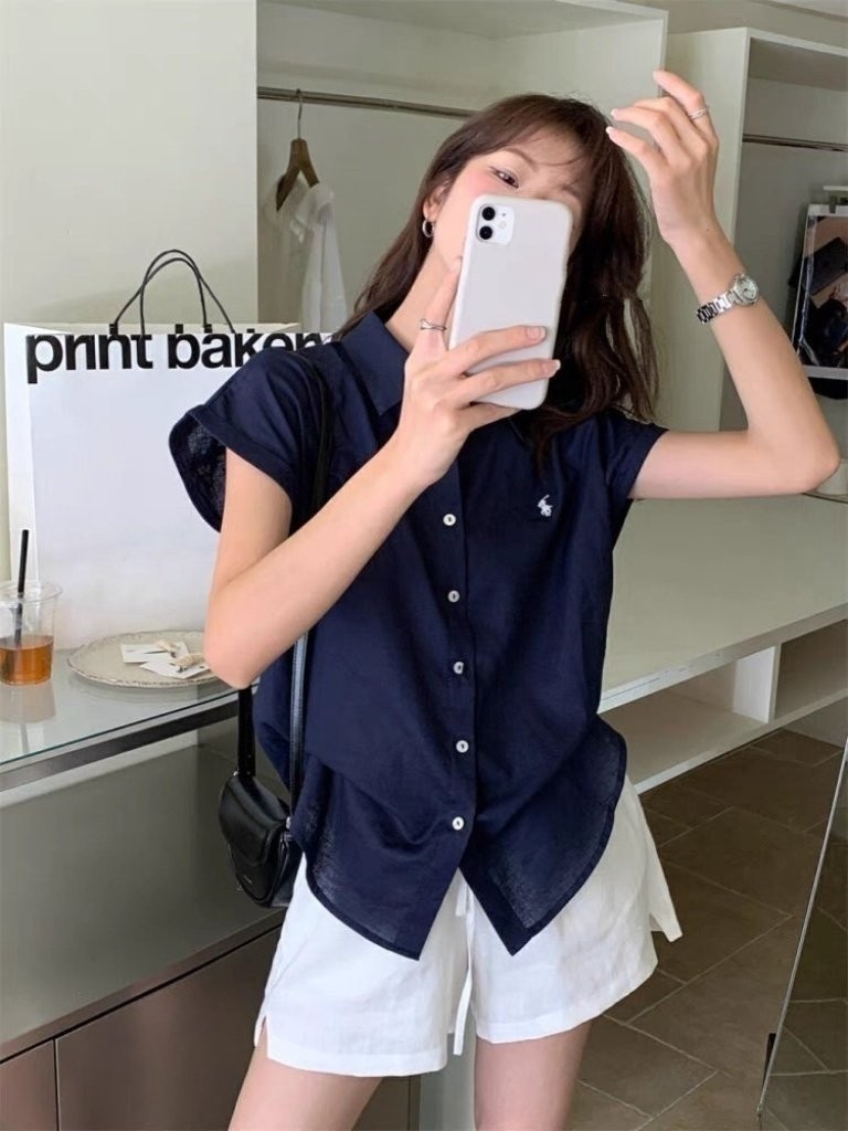 폴로 여성 린넨 블라우스 반팔 셔츠