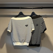 프라다 여성 스트라이프 보트넥 반팔 니트