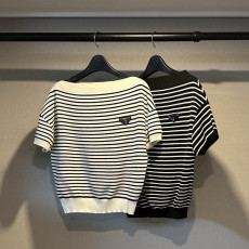 프라다 여성 스트라이프 보트넥 반팔 니트