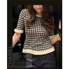 샤넬 여성 480 시보리 프릴 체크 라운드 반팔 니트