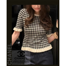 샤넬 여성 480 시보리 프릴 체크 라운드 반팔 니트
