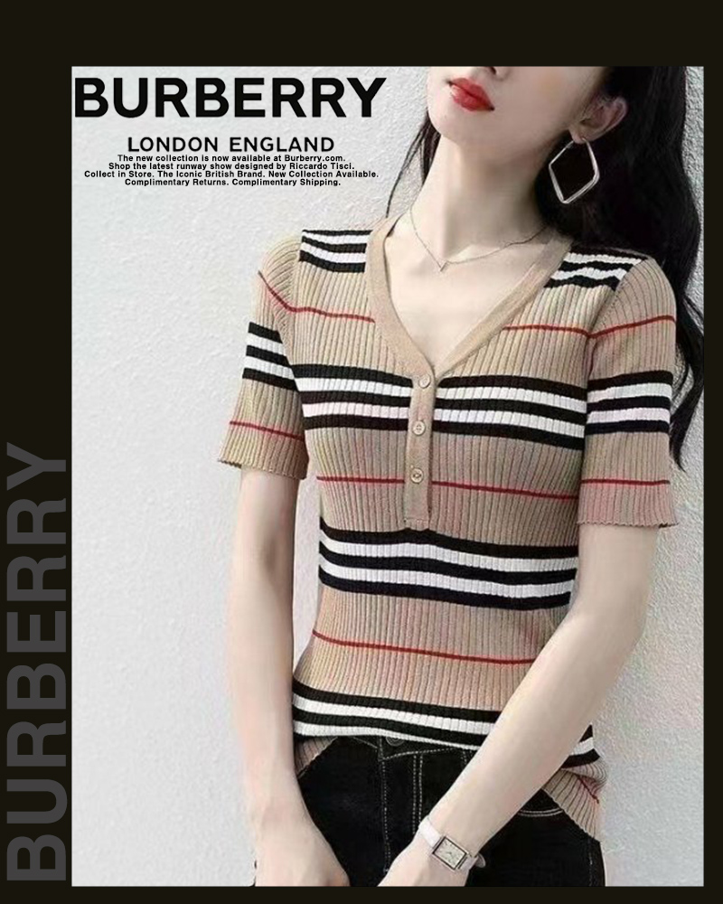 버버리 여성 9732 와이넥 단추 반팔 니트