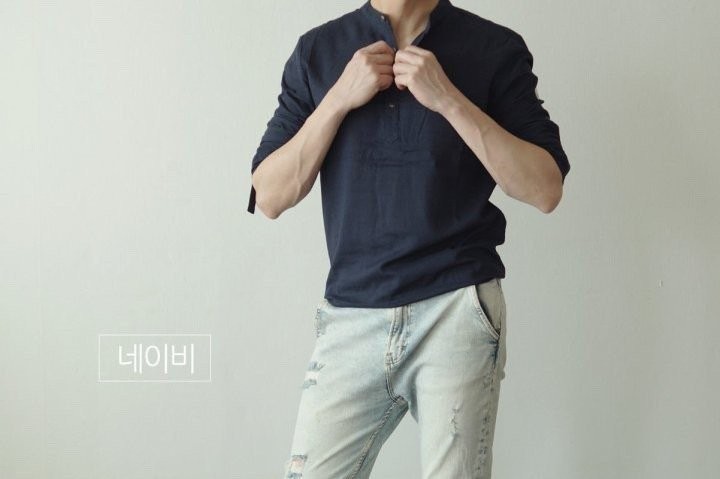 몽클레어 롤업 린넨 헨리넥 워싱 셔츠