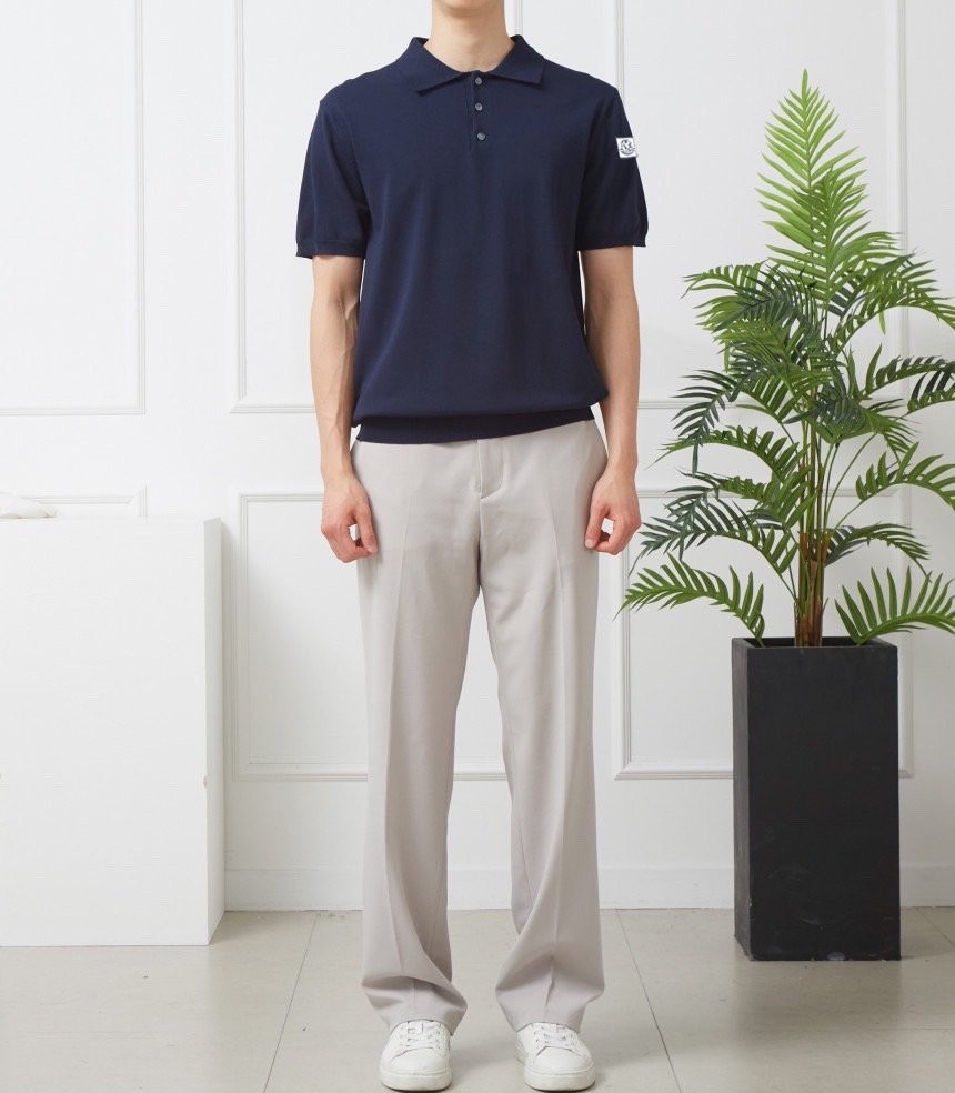 몽클레어 감마블루 버튼 카라 반팔 니트