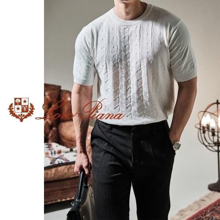 로로피아나 린넨 자갸드 반팔 니트