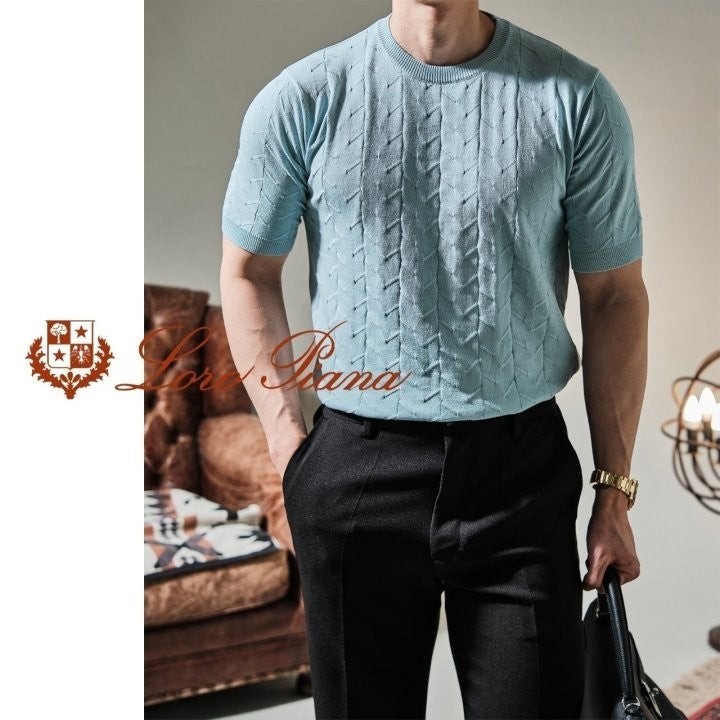 로로피아나 린넨 자갸드 반팔 니트