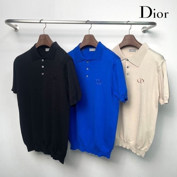 디올 CD 자수 로고 카라 반팔 니트