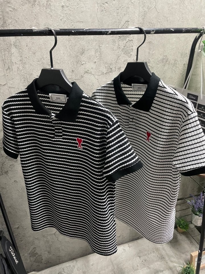 아미 스트라이프 카라 반팔 니트