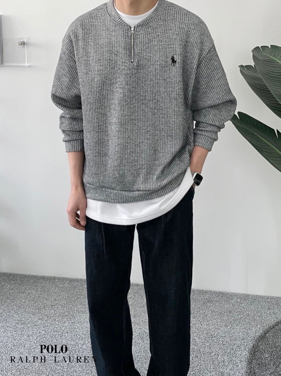 폴로 반집업 골지 니트 맨투맨