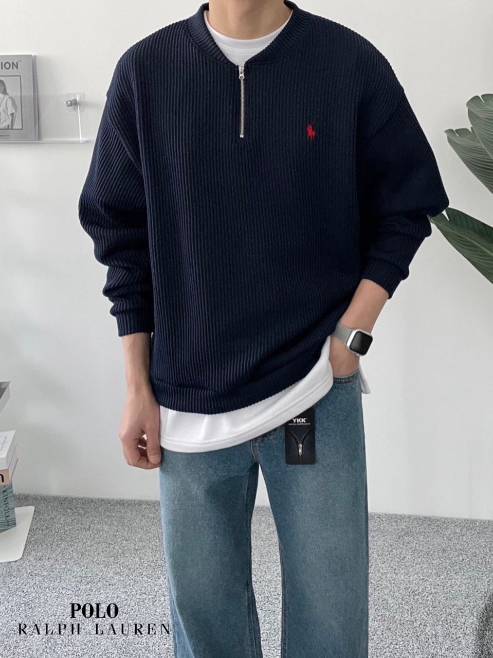 폴로 반집업 골지 니트 맨투맨