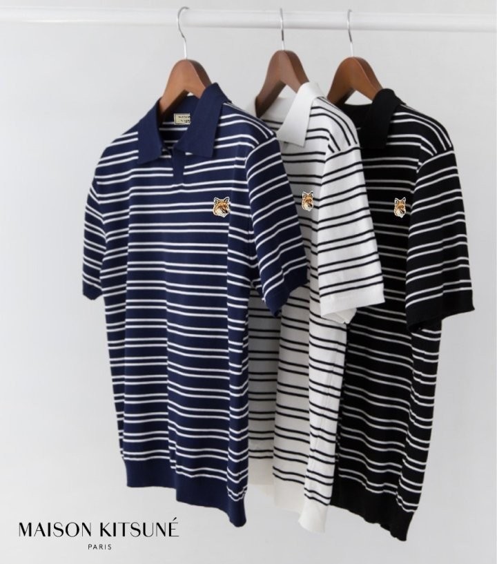 메종키츠네 하프 스트라이프 카라 반팔 니트