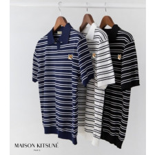 메종키츠네 하프 스트라이프 카라 반팔 니트