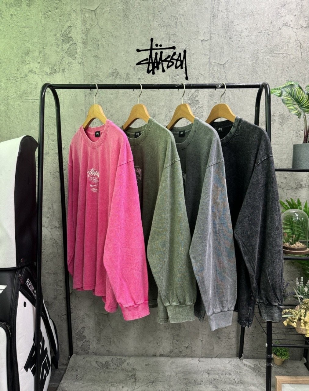 스투시 X 나이키 콜라보 월드 로고 피그먼트 긴팔티