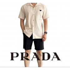 프라다 D-vang 린넨 카라 반팔 셔츠