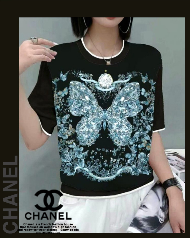 샤넬 여성 8201-1 나비 실크 나염 반팔 라운드 니트