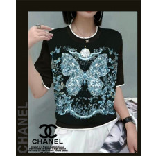 샤넬 여성 8201-1 나비 실크 나염 반팔 라운드 니트