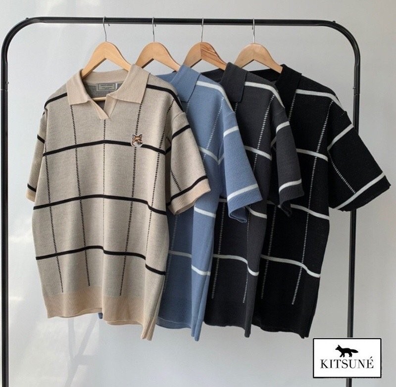 메종키츠네 폭스헤드 빅체크 반팔 카라 니트