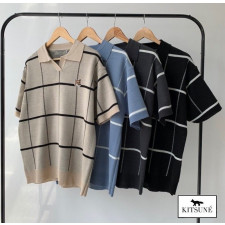 메종키츠네 폭스헤드 빅체크 반팔 카라 니트