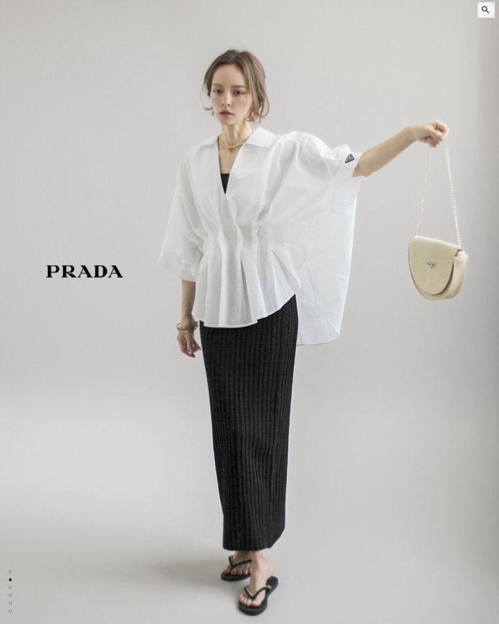 프라다 여성 볼륨 핀턱 오버 반팔 셔츠