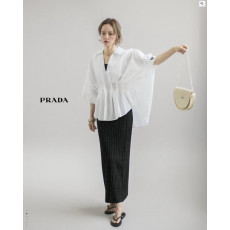 프라다 여성 볼륨 핀턱 오버 반팔 셔츠