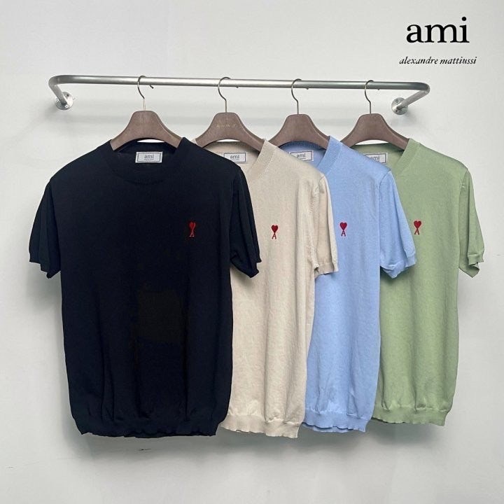 아미 스몰 하트 베이직 라운드 반팔 니트