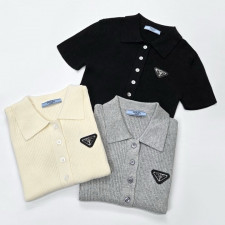 프라다 여성 골지 카라 반팔 니트