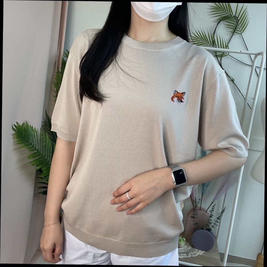 메종키츠네 브라운 폭스헤드 컬러풀 라운드 반팔 니트